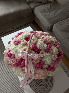 Pink Champagne XL Basket — Blush Ivory Roses · Floral Baskets by Ame Flowers