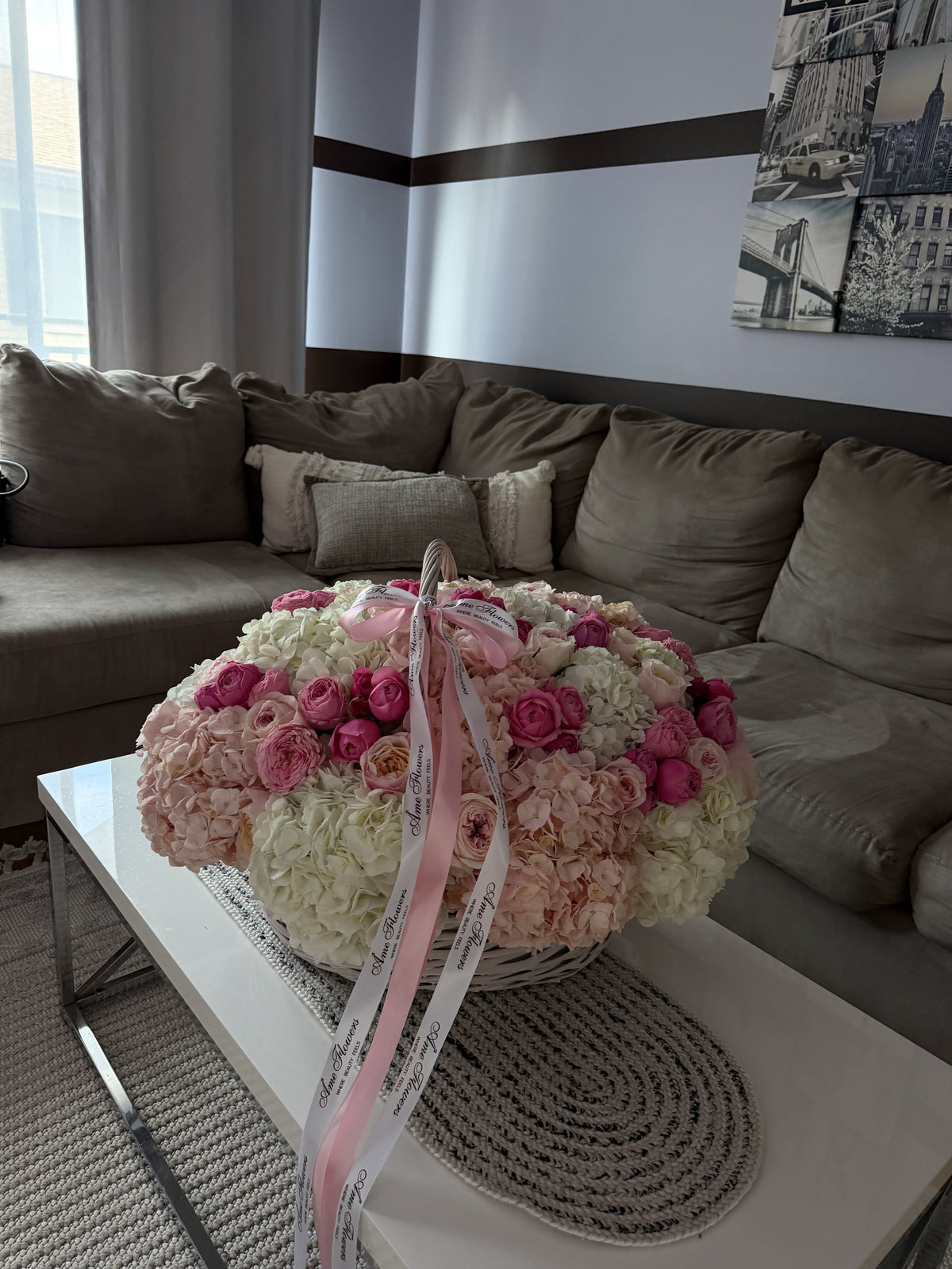 Pink Champagne XL Basket — Blush Ivory Roses · Floral Baskets by Ame Flowers