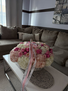 Pink Champagne XL Basket — Blush Ivory Roses · Floral Baskets by Ame Flowers
