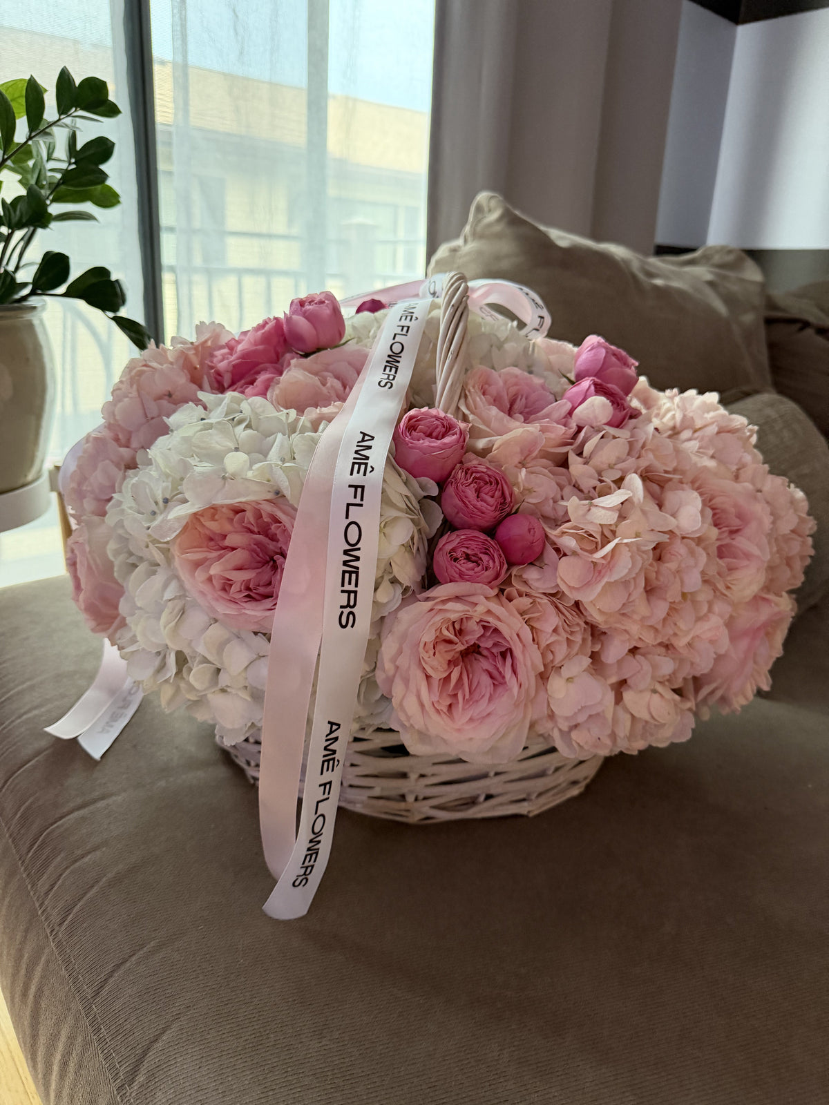 Pink Sonata L Basket — Blush Ivory Roses · Floral Baskets by Ame Flowers