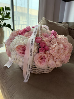 Pink Sonata L Basket — Blush Ivory Roses · Floral Baskets by Ame Flowers