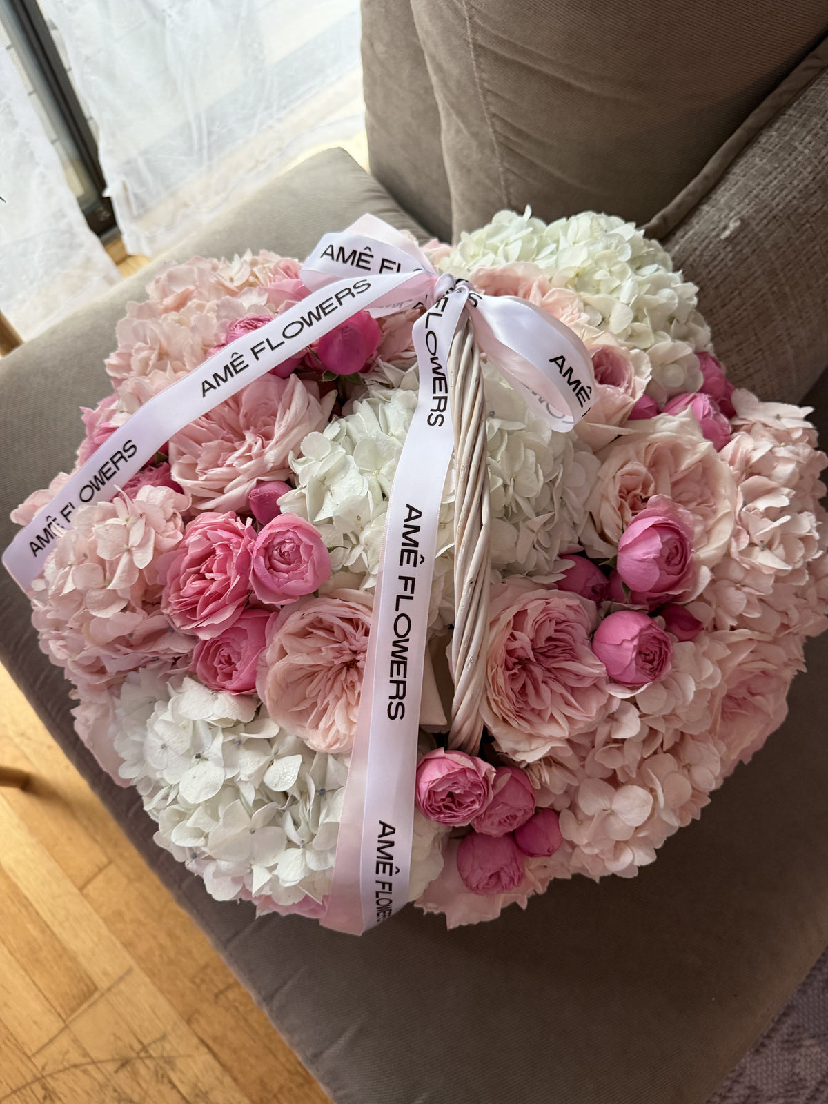 Pink Sonata L Basket — Blush Ivory Roses · Floral Baskets by Ame Flowers