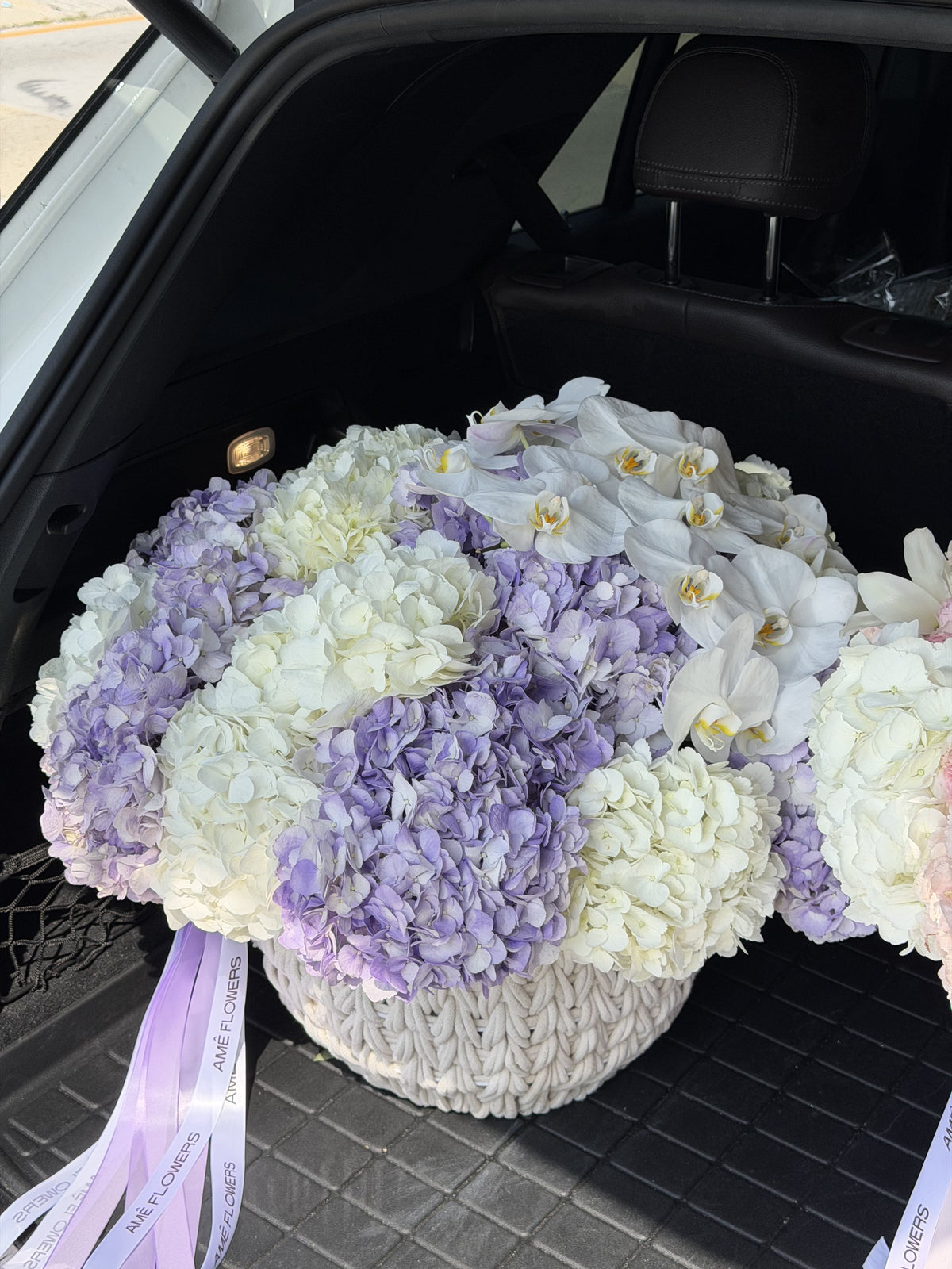 French Riviera L Basket — Ivory Lavender Hydrangeas · Floral Baskets by Ame Flowers