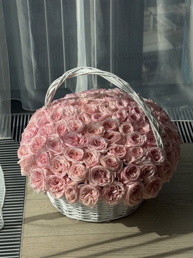 101 Pink O’Hara Basket — Blush Pink Garden Roses · Floral Baskets by Ame Flowers