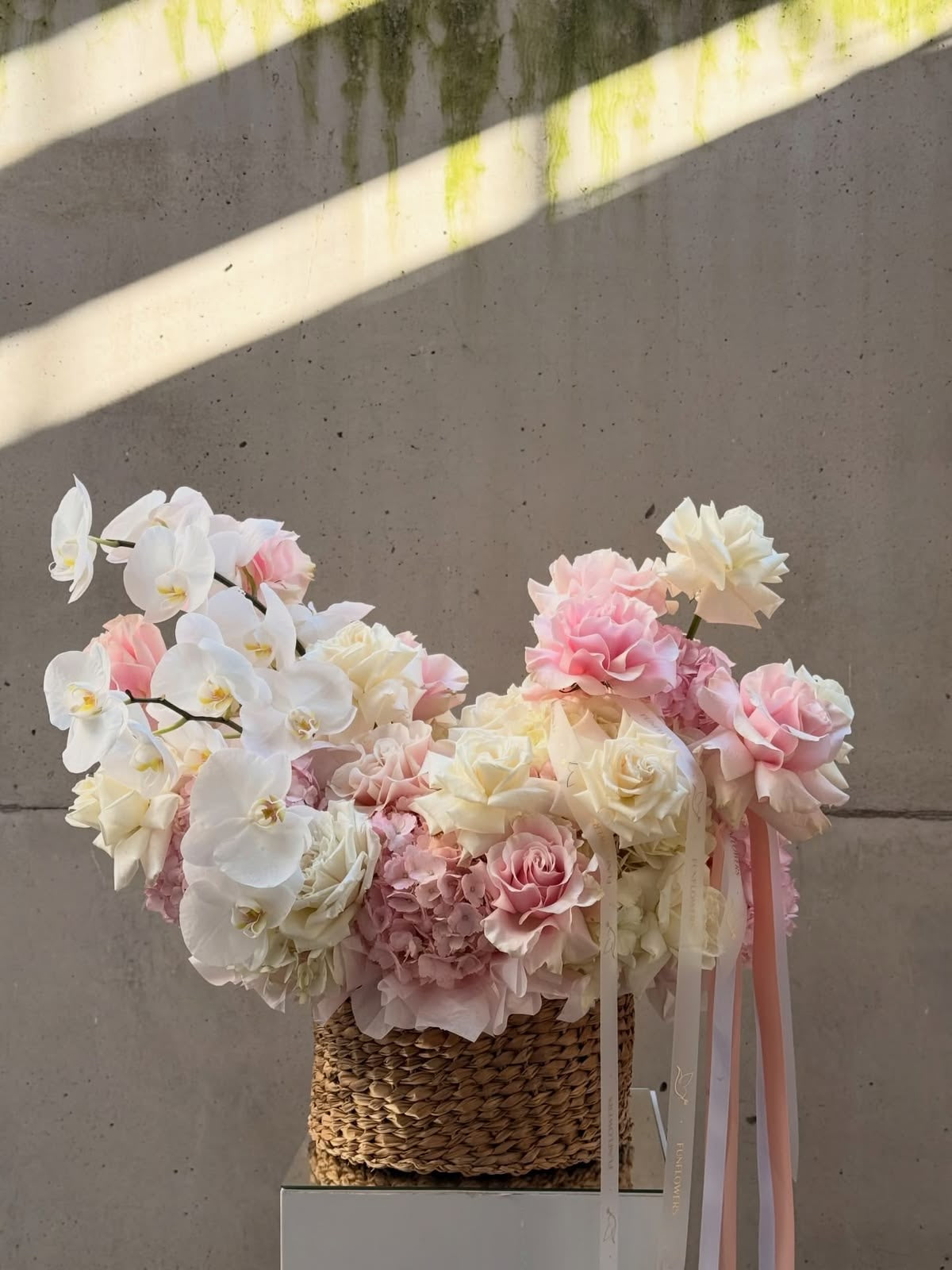 Ballerina Basket — Blush Ivory Roses · Floral Baskets by Ame Flowers