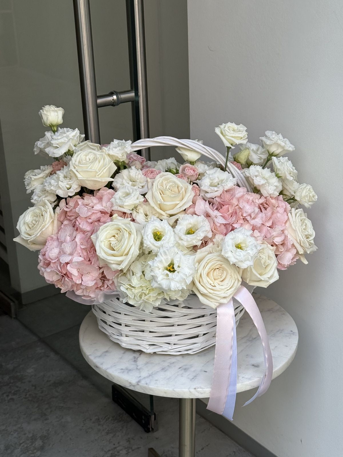 Porcelain Basket — Blush Ivory Roses · Floral Baskets by Ame Flowers
